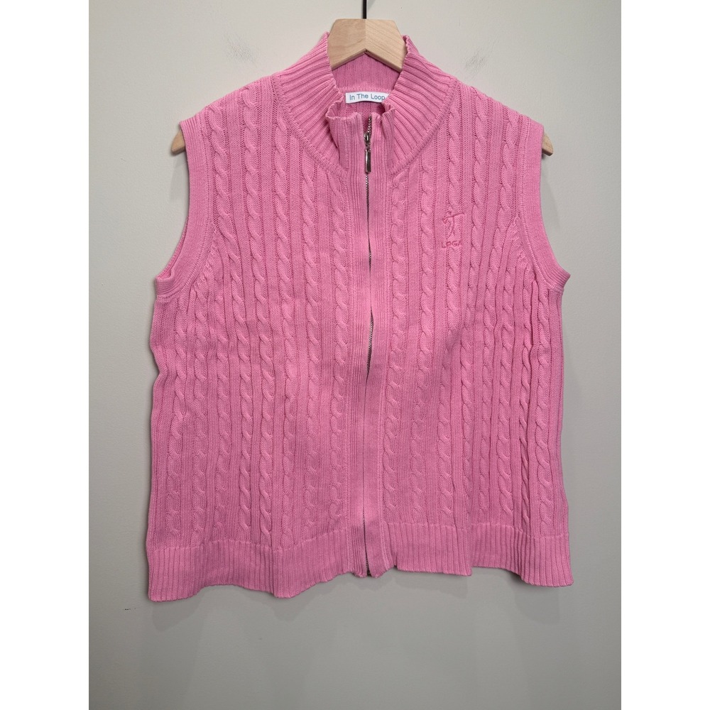 LPGA Pink XL Full Zip Cable Knit Sweater Vest Womens Golf Tour Prep‎ 100% Cotton